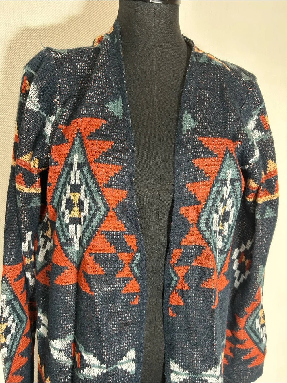 ROCK ROLL Size L Open Front Aztec Pattern Long Cardigan Sweater - Navy Rust